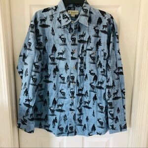 HABAND Men’s blue Raindeer forest print comfy cotton flannel SIZE medium